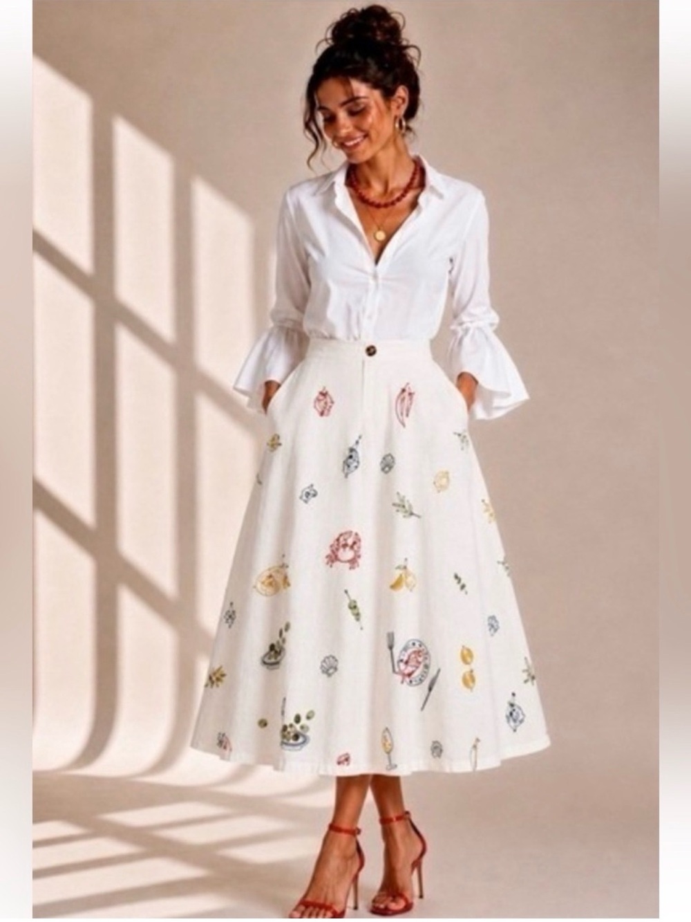 NEW Caroline Constas Off-White Summer Embroidered Linen Maxi Skirt Size 6 🐚 - Picture 1 of 6